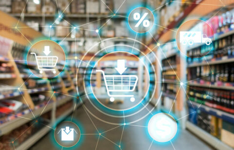 Shopping cart Ecommerce Marketing channel distribution concept on supermarket background.