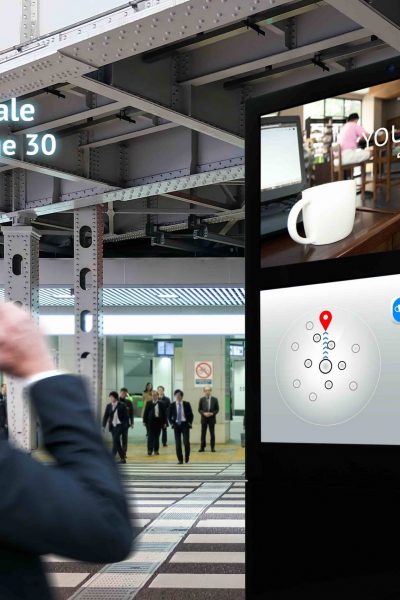 Intelligent Digital Signage , Augmented reality marketing and face recognition concept. Interactive artificial intelligence digital advertisement navigator direction for retail coffee shop.