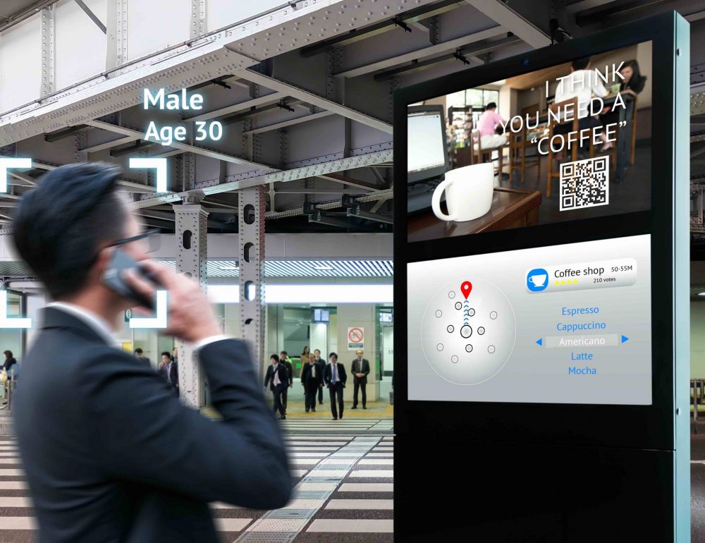 Intelligent Digital Signage , Augmented reality marketing and face recognition concept. Interactive artificial intelligence digital advertisement navigator direction for retail coffee shop.